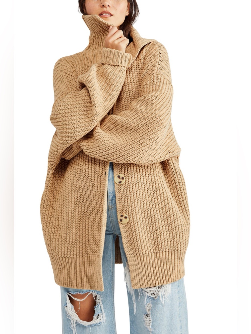 Free People Swim Too Deep Oversized Camel Knit Cardigan Sweater Size XSmall